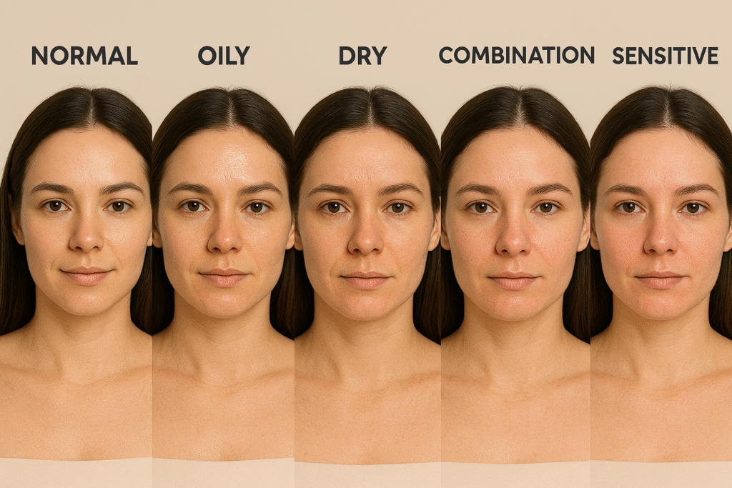“A composite image of one woman’s face displayed five times, each version showing a different skin type: normal, oily, dry, combination, and sensitive, with clear visual differences in skin texture, shine, and redness.”