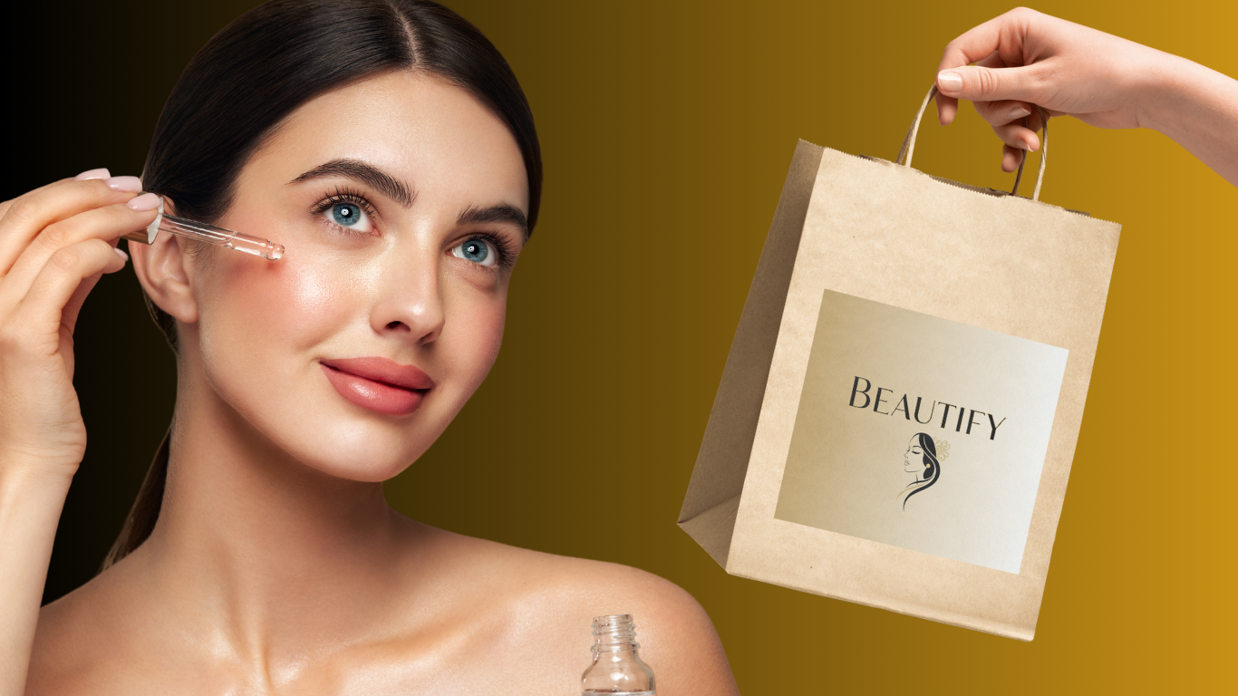 Close-up of a smiling woman applying facial serum with a dropper, showcasing glowing skin. A hand holds a shopping bag with the ‘Beautify’ logo on a gold background, representing beauty products and online shopping.